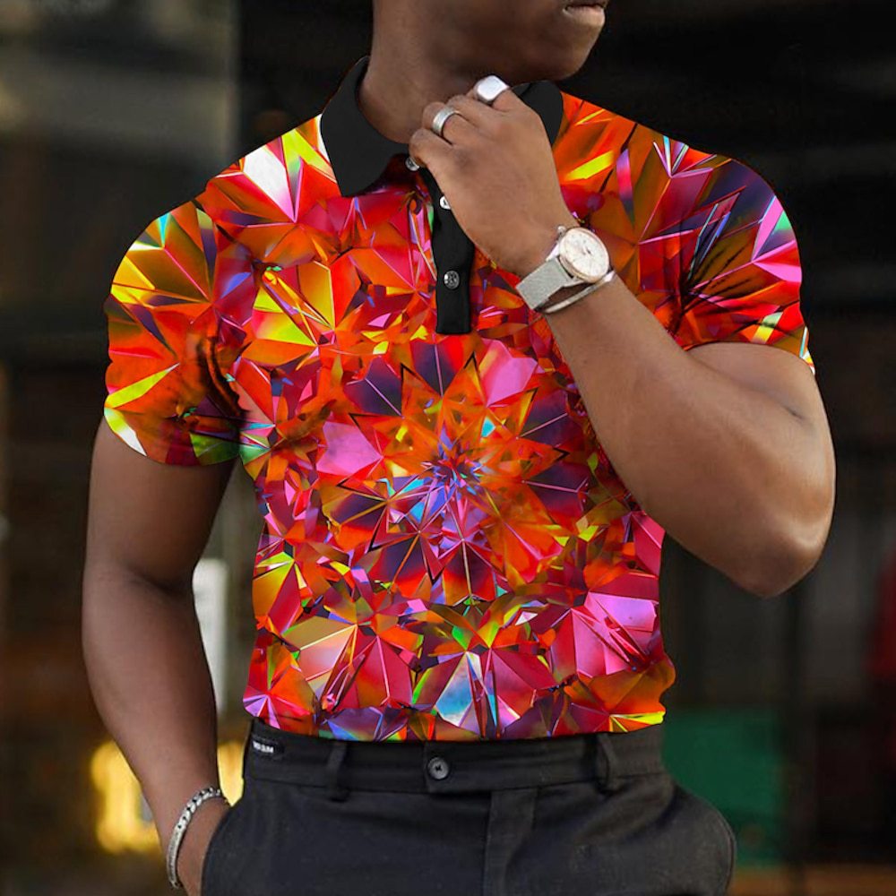 Men's button-up polo shirt with geometric print, suitable for golf, outdoor, street style, short-sleeved, sporty and fashionable