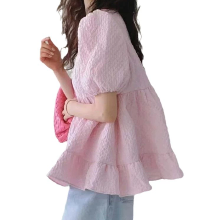 Women's Summer Puff-Sleeve T-shirt, Korean Doll Style, Textured Lightweight Fabric, S–XL