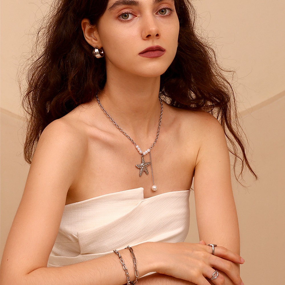 Starfish Imitation Pearl Fringe Stainless Steel Pendant Necklace