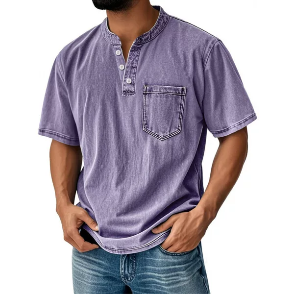 Cross-Border Men's Henry Collar Pocket-Decorated Solid Color Half-Sleeve Faux Cotton T-Shirt with Half-Button Closure Cuban Casual T-Shirt