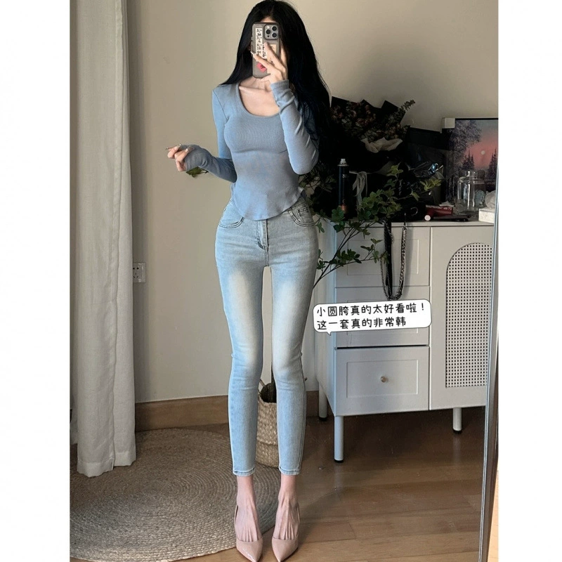 Светлые женские джинсы с высокой талией, новые весенние обтягивающие укороченные брюки-карандаш, утягивающие бедра, облегающие эластичные брюки