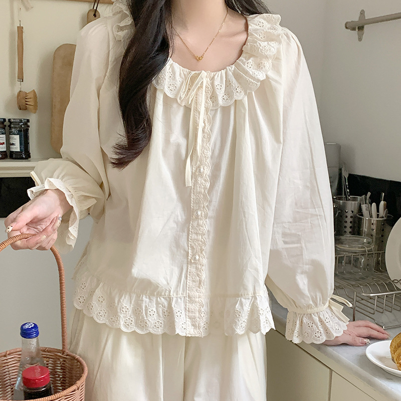 Korean Pure Cotton Pajamas for Women in Autumn New Sweet Princess Lace Palace Style Open Button Home Clothes for Women Wholesale