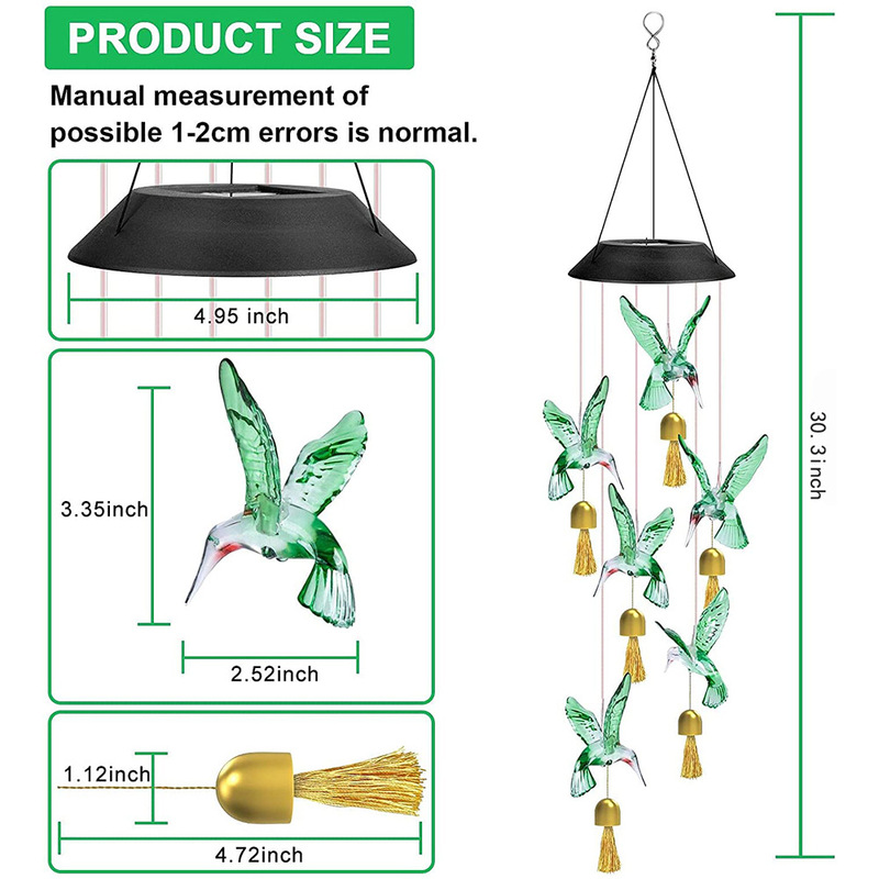 New Outdoor Solar Wind Chime Metal Bell Led Hummingbird Butterfly Eva Ball Wind Chime Garden Light Decorative Light