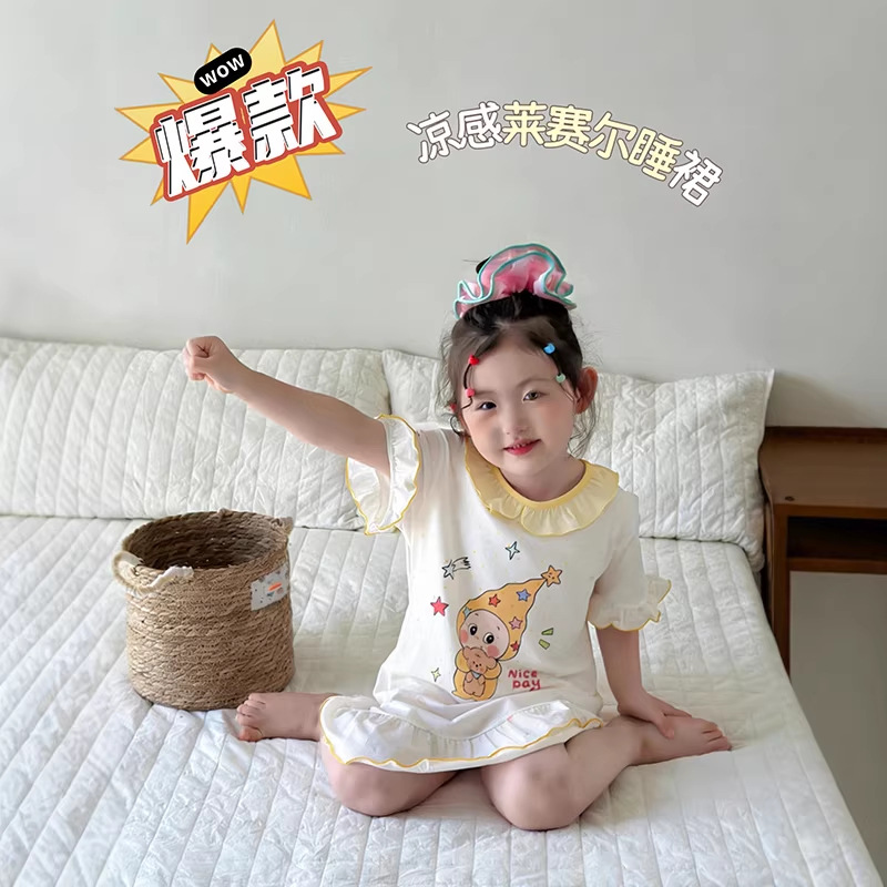 Anmeiya girls nightgown summer dress children's pajamas lace nightgown Lyocell Tiansi Anyang children's clothing wholesale