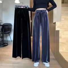 女性が外で着用できる秋の自家製ゴールドベルベットワイドレッグパンツ、多用途のスリムベルベットパンツ、薄い巾着ルーズカジュアルパンツ