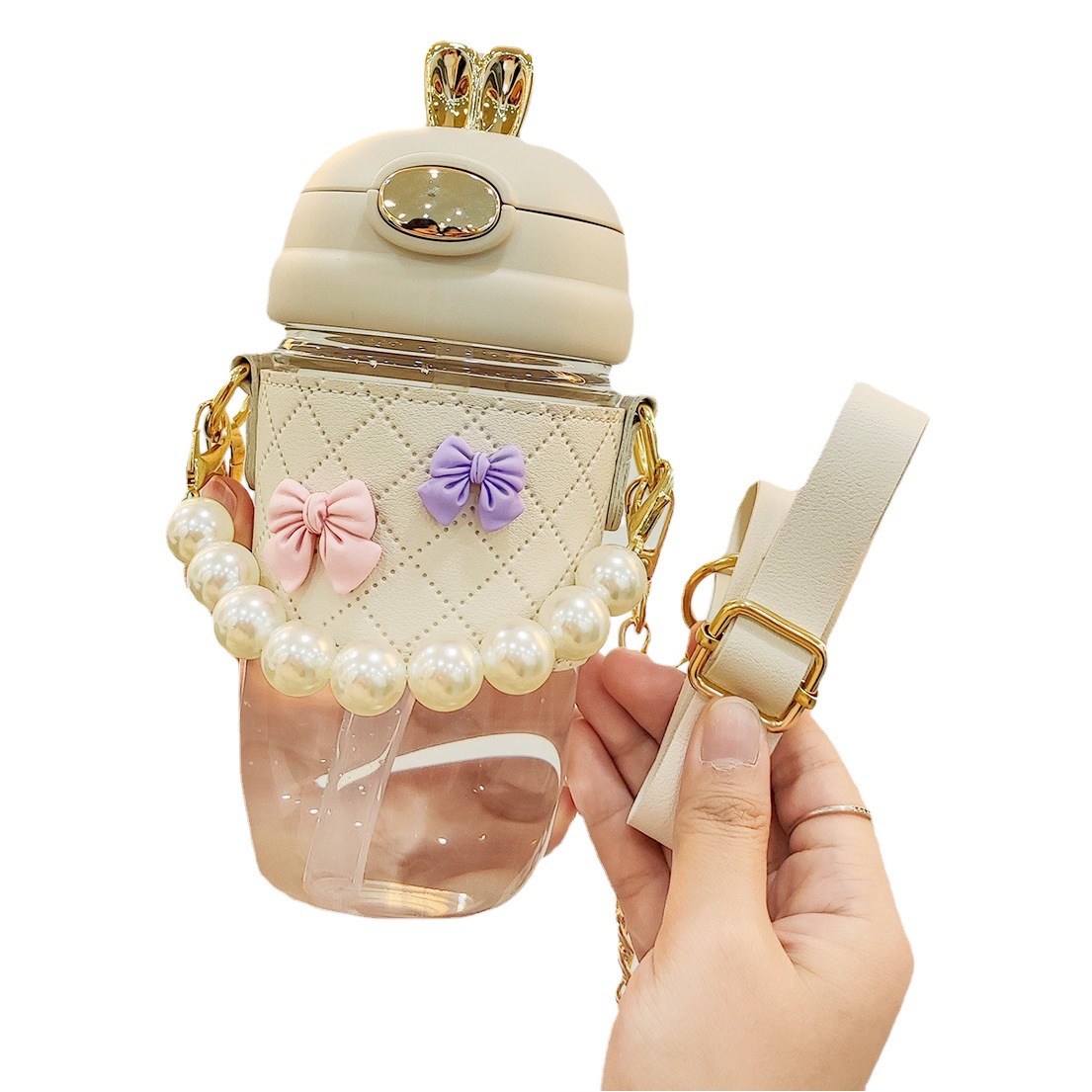 Taza de agua de vidrio de alto aspecto Alta oficinista de vidrio borosilicato crossbody espalda simple portátil taza simple con paja