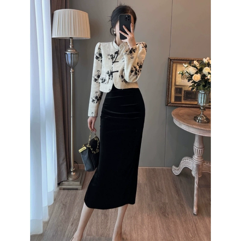 Новый китайский стиль национальный костюм юбка 2025 весна-осень новая вышитая куртка женская ретро стильный двухсоставной комплект