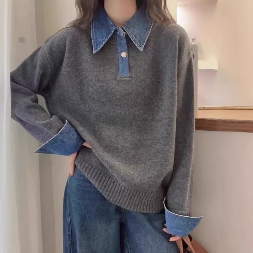 Fake Two-Piece Spliced ​​Pullover Knitwear for Women in Autumn and Winter New Style Lazy Style High-End Loose Casual Top Trendy