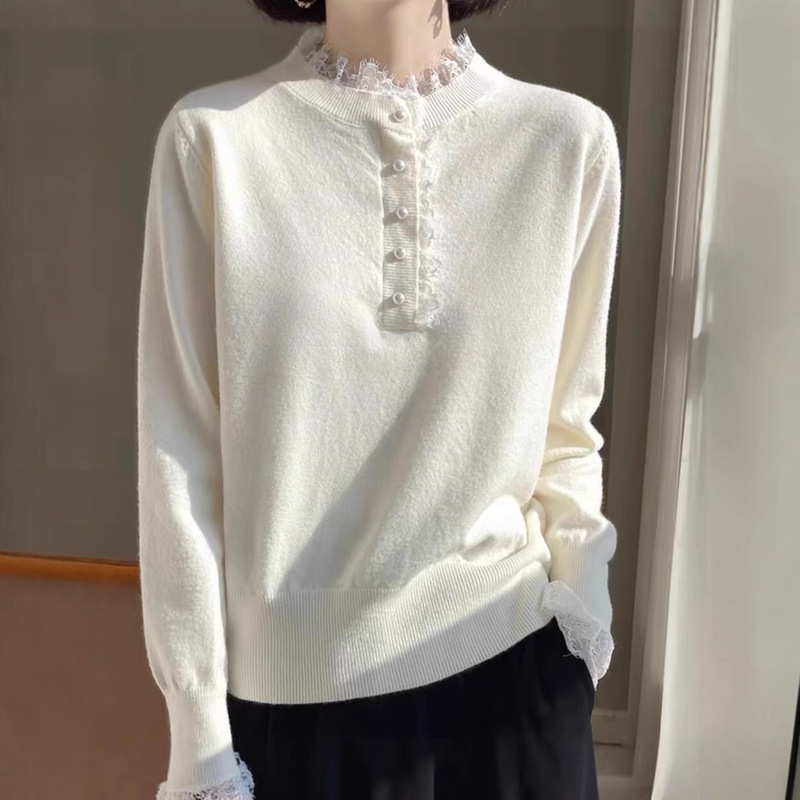 Half Turtleneck Lace Splicing Sweater Autumn and Winter Loose Knitted Long-Sleeved Bottoming Shirt Outer Wear Small Fragrant Style Top