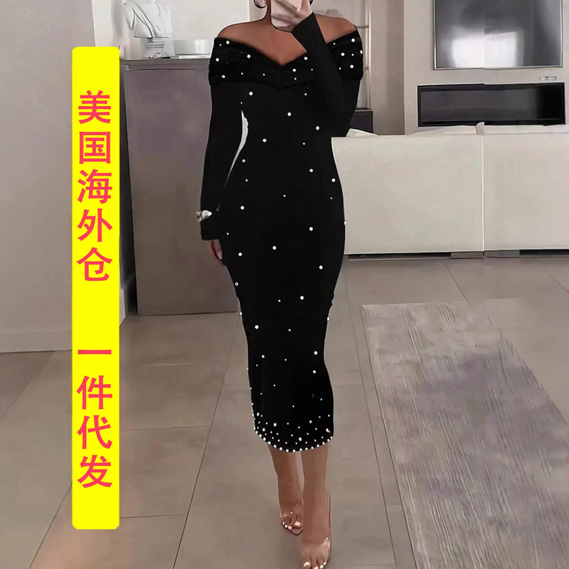 European and American Style Women's Off-Shoulder Dress, Slim Fit, Accentuates Curves, Date Dress, Elegant and Graceful Gown, Overseas Warehouse