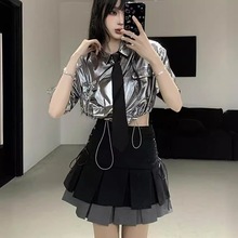 高级女团银色气质短袖链条衬衫女高腰小众抽绳拼接百褶裙两件套装