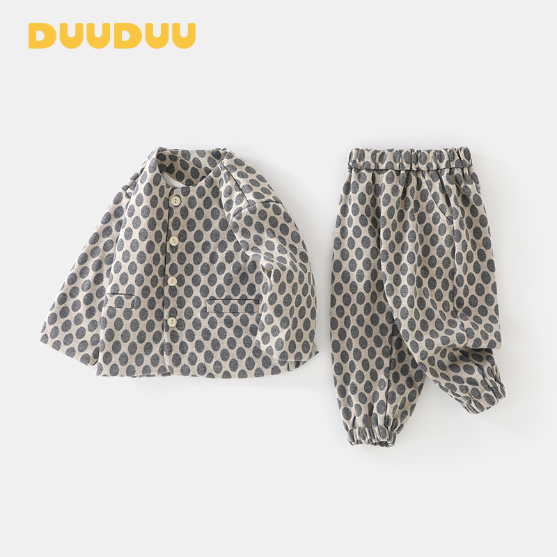DUUDUU圆点韩版小童衣服春秋季长袖双层外套上衣裤子女宝宝套装