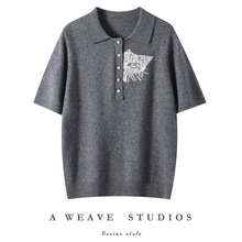 2025新款羊绒针织短袖T恤女宽松POLO领五分袖打底衫时尚百搭上衣