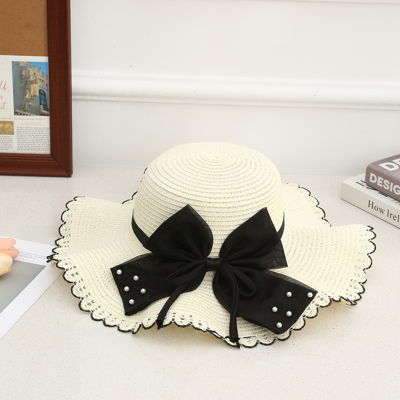 Sombrero de paja con lazo – estilo veraniego, ala ancha, para playa o vacaciones al aire libre