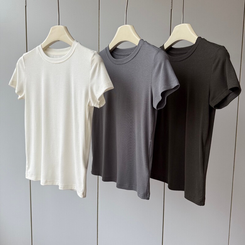 Tencel + Linen Double-Needle Stitching! Round Neck, Lightweight, High-Elastic, Elegant, Slimming, Versatile, Fitted Short-Sleeve T-Shirt for Women, Summer