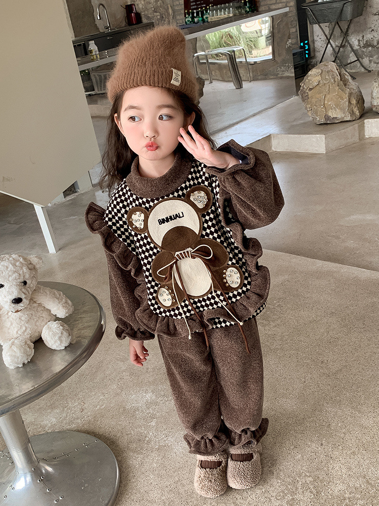 Girls plush hoodie for autumn and 2023 new children's trendy cartoon teddy bear winter two-piece set_voghion.com