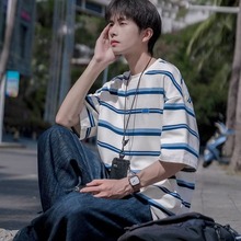 夏季港风休闲条纹短袖T恤男百搭气质潮牌上衣邦创唯男装百搭休闲