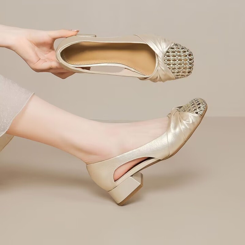 Hollow-Out Woven Fashion New Breathable Women's Shoes 2026 Chunky Heel Niche Style Comfortable Lightweight Versatile High Heels for Women