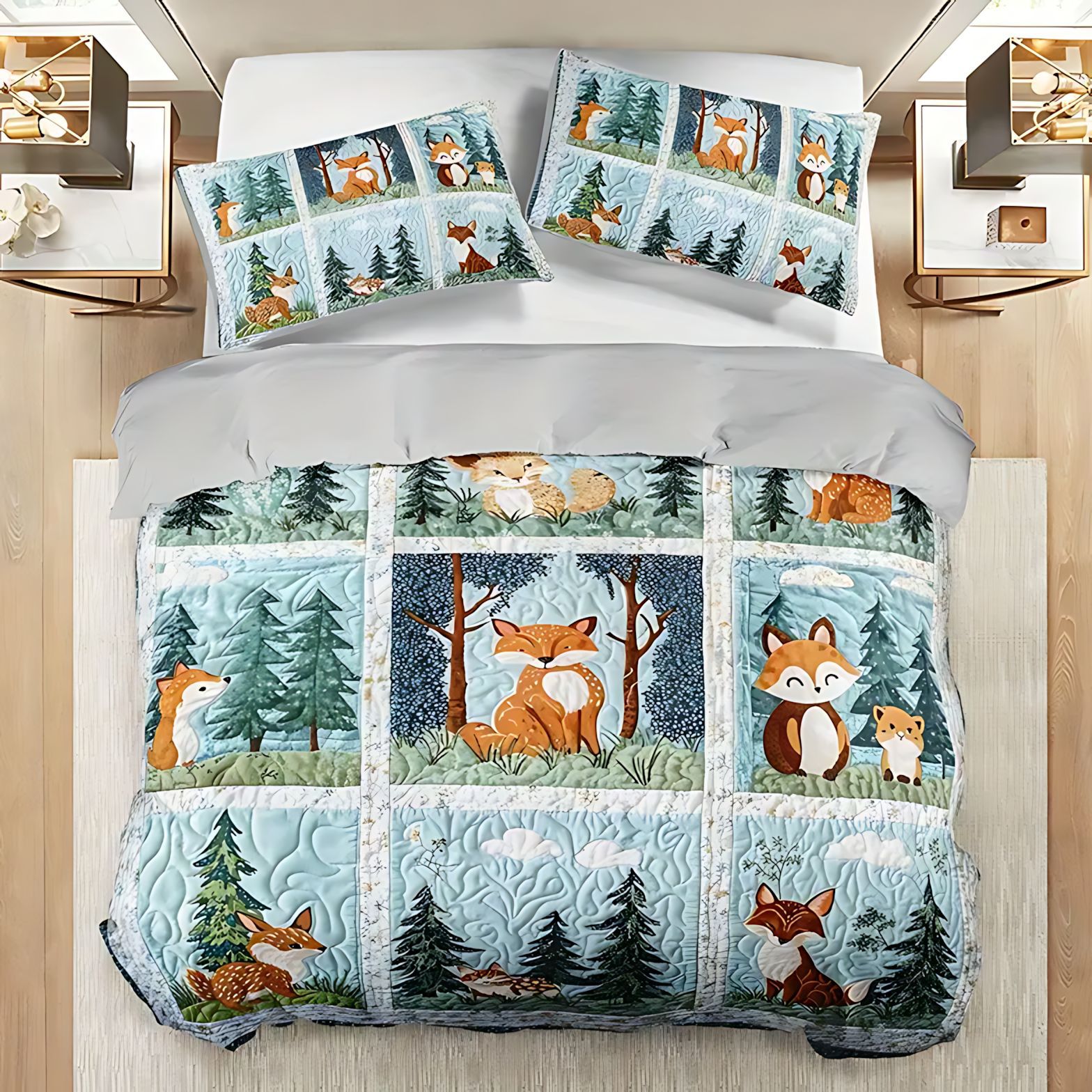 TEMU / JIT nuevos productos transfronterizos de animales forestales impresión digital 3D tela de tela suave abrasiva colcha con colcha de almohada conjunto