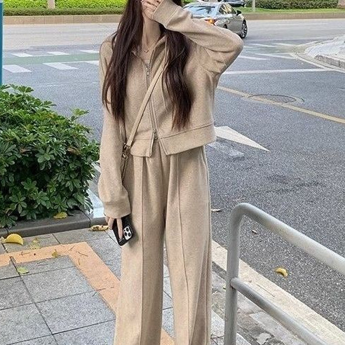女装外出阔腿裤春秋拉链卫衣新款两件套连帽休闲运动套装女2025年|undefined
