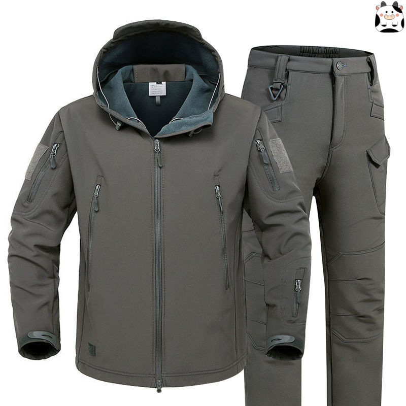 Sharkskin Soft Shell Jacket and Pants Set Two-Piece Winter Outdoor Thermal Camouflage Mountaineering Suit Thickened and Fleece-Lined