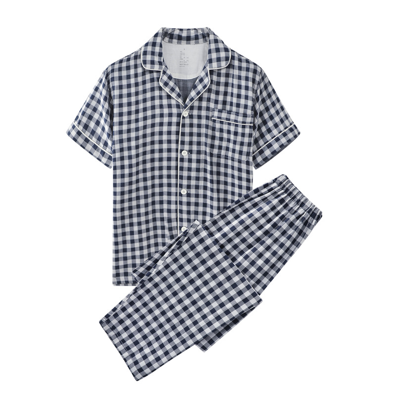 Cotton Double-layer Yarn Non-print Style Plaid Solid Color Couple's Home Clothes Pajamas Spring and Summer Short-sleeved Home Clothes for Men and Women