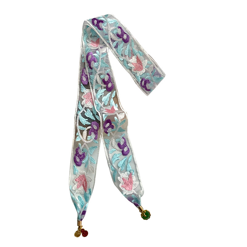 Pañuelo de seda, banda larga, sensación de alto nivel, temperamento de nicho, estilo étnico, bordado floral, bufanda de seda de encaje, cinta para el cabello de nuevo pañuelo en la cabeza