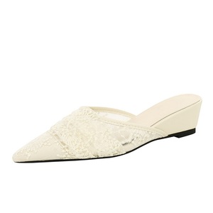 599-28 French Fashion Slippers for Women, Lace Mesh, Pointed Point, Shallow Mouth, One Step Stepping, Slope Style, Outer