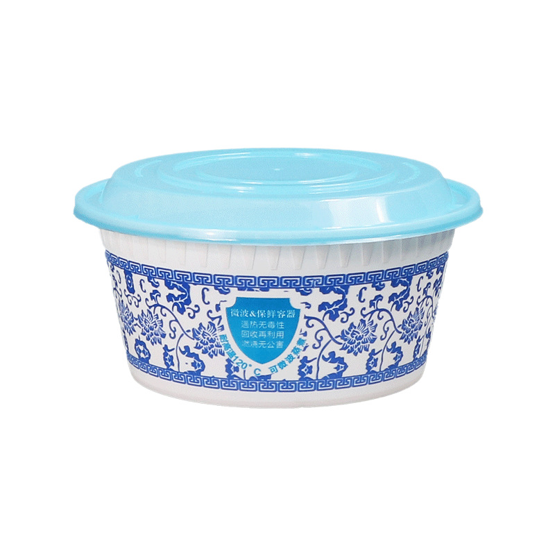Caja de comedor de porcelana de color azul desechable redonda gruesa para llevar tazón de embalaje con cubierta horno de microondas para alimentos domésticos comerciales