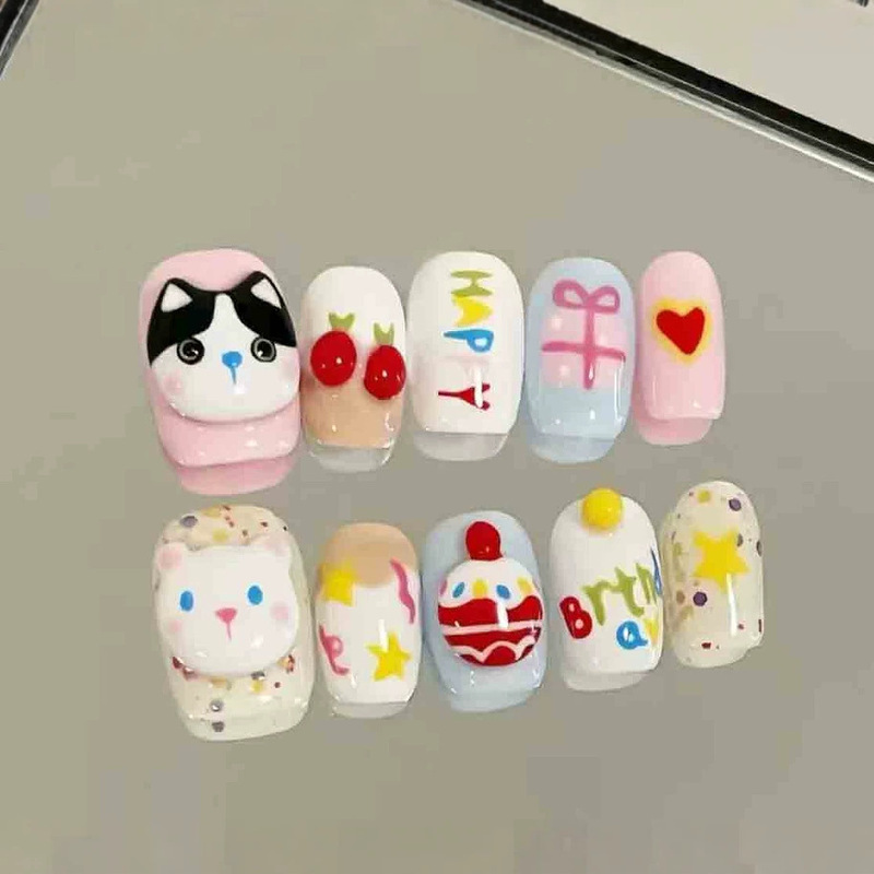 Cartoon Cute 3D Fresh Style Wearable Nails, Three-Dimensional Niche Design, Sweet and Brightening, Removable Nail Stickers Wholesale