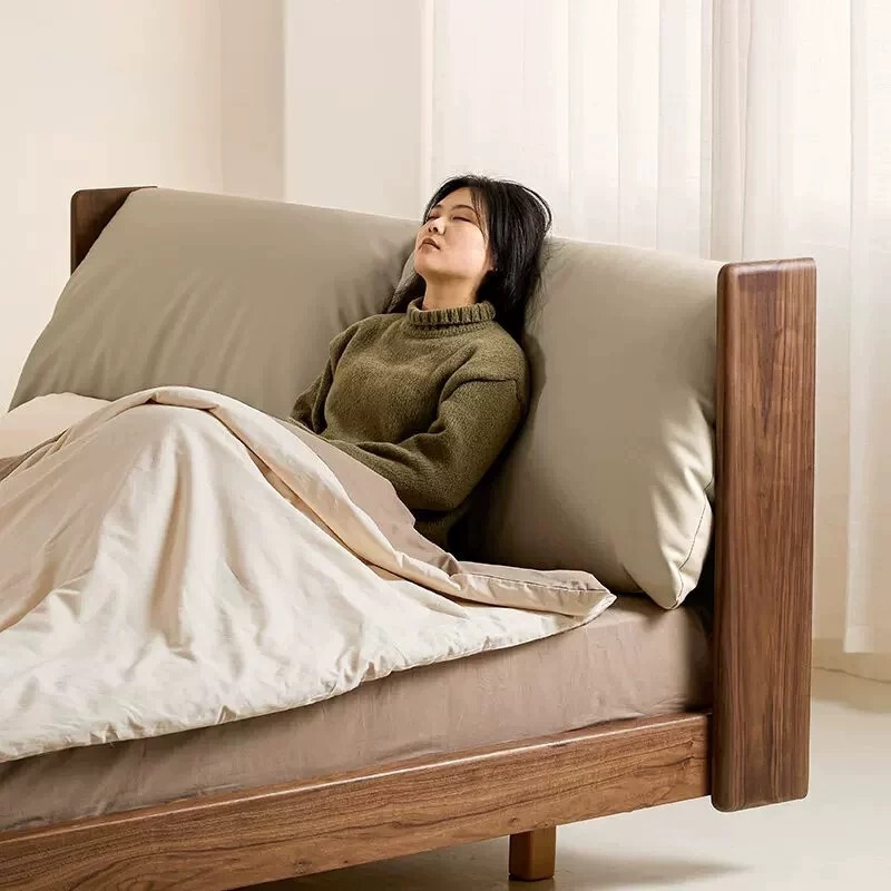 All Solid Wood Furniture, North American Black Walnut Wood, Second-Hand Genuine Leather Italian-Style Upholstered Bed, Double Master Bedroom Bed