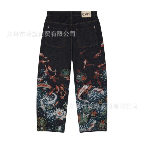 Derschutze European and American Retro Carp Embroidered Jeans for Men and Women, Personalized Street Fashion Brand Jeans, Cross-Border