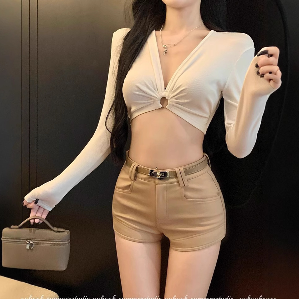 아메리칸 스타일 레트로 블랙 캐주얼 반바지 여성 가을 높은 허리 탄성 슬림 핫 핫 팬츠