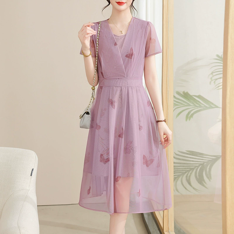 Мама летнее платье 2025 новое платье темперамент минус старое и старое женское лето с короткими рукавами шифоновая длинная юбка тонкая