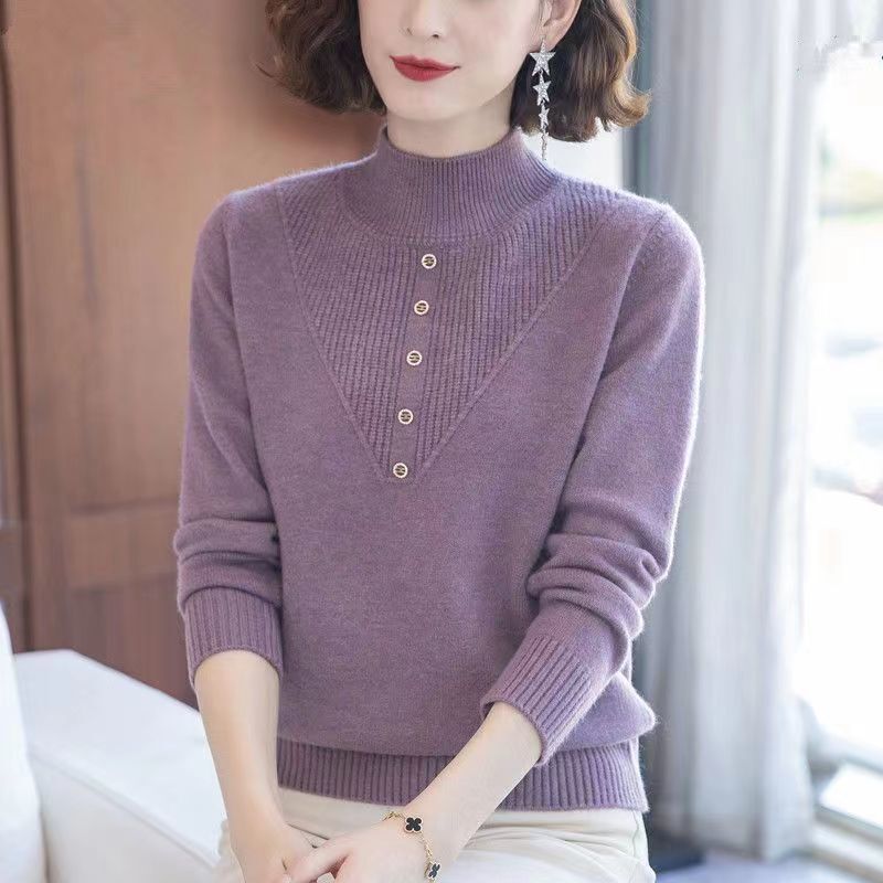Knitted Sweater for Middle-Aged Women, Pullover Half Turtleneck Sweater, Autumn and Winter Thickened Fashionable Large Size Bottoming Shirt