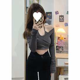 2022早春挂脖假两件打底衫女修身短款长袖恤女内搭短款上衣
