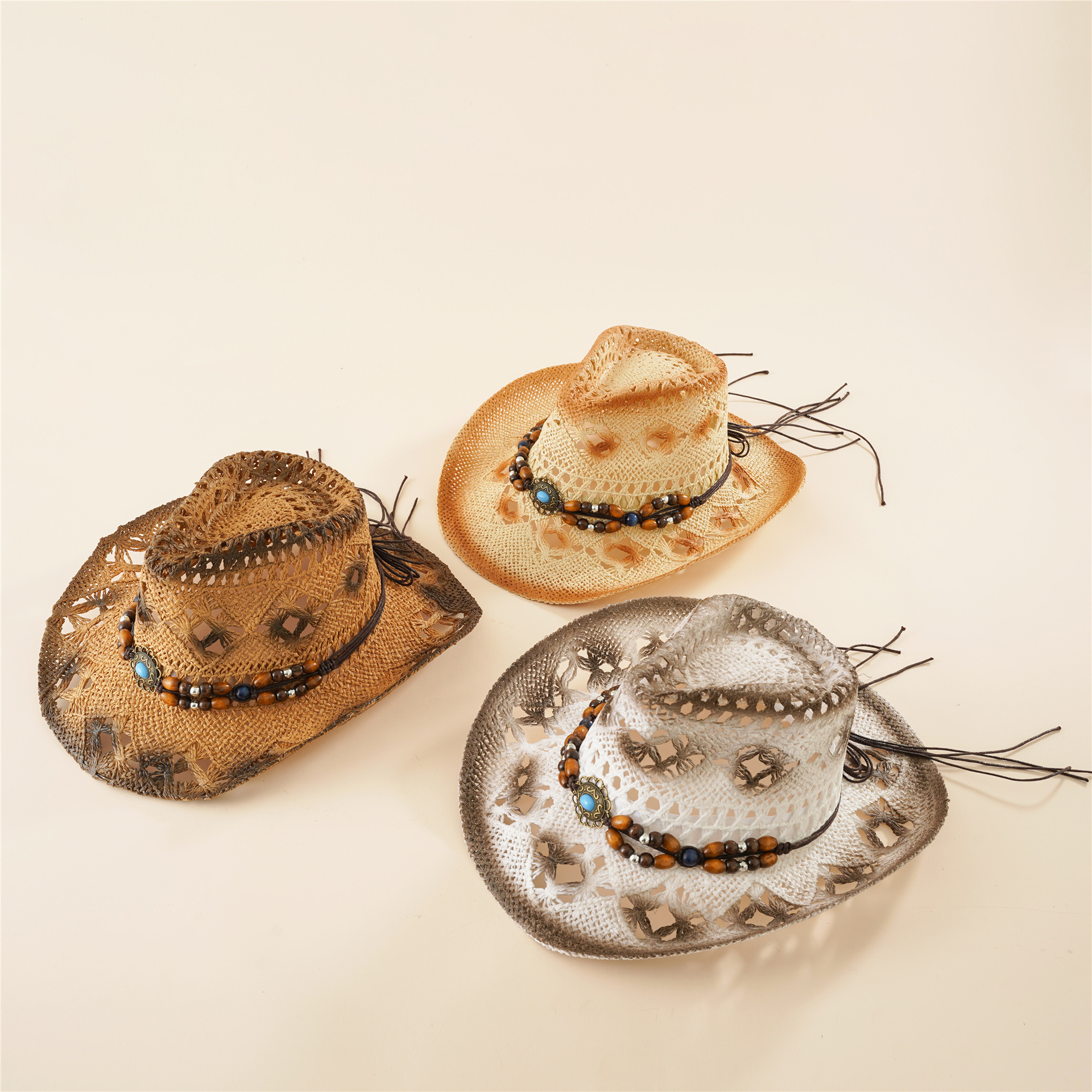 2021 Amazon cuentas de paja borla decoración vacaciones de verano jugar sombrero de ala grande Denim sombrero de paja a prueba de sol