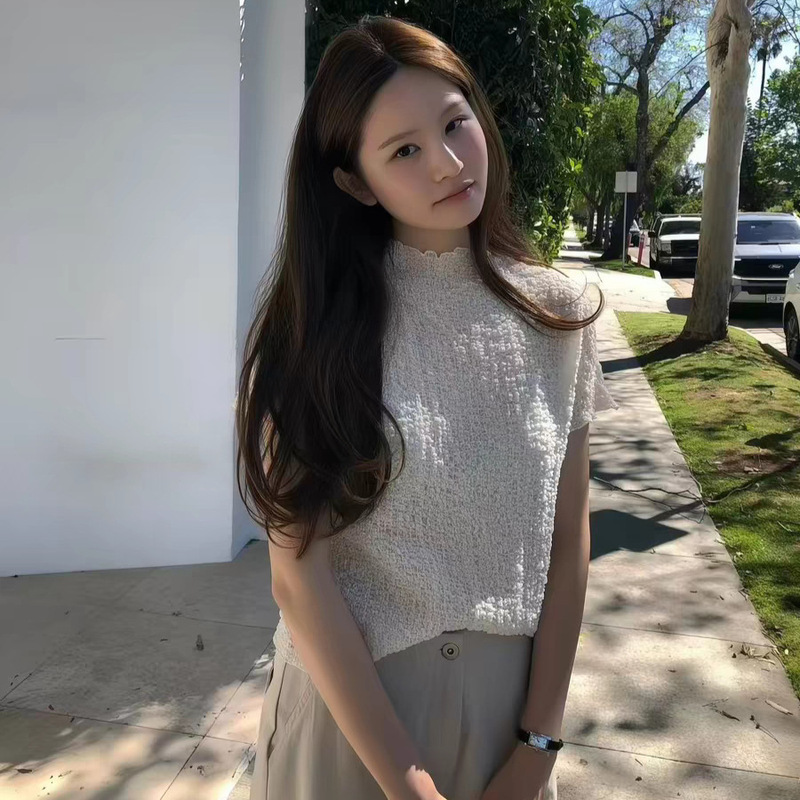 Fan Sun·Xh Korean-Style Elegant Solid Color Top Dongdaemun New Summer Bubble Gauze Ruffle Short-Sleeve T-Shirt for Women