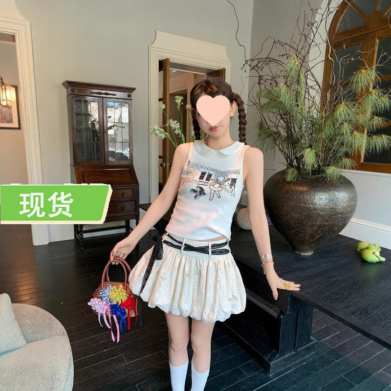 Le Rouge Zhou Meimei Retro and Childlike White Printed Doll Collar Waffle Sleeveless Vest Top
