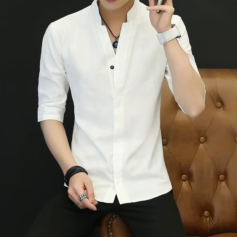 2025 Hong Kong Style New Spring and Summer Solid Color Collar Men's Korean Style Casual Mid-Sleeve Shirt Men's Seven-Sleeve Shirt