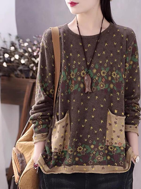 Vintage Printed Sweater for Women, Autumn New Round Neck Rolled Edge Pocket Knitwear, Loose Plus Size Age-Reducing Cotton Knit Sweater