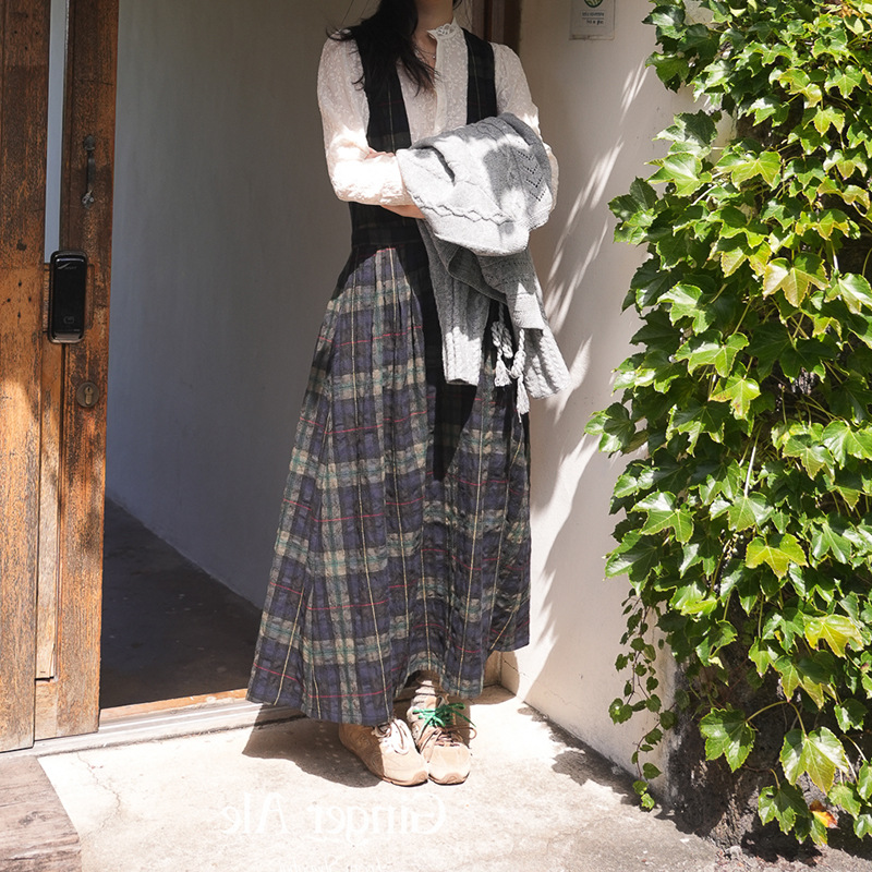 Ginger 蓝格纹棉面料燕尾斜裁半裙/古典背心裙2025时尚小清新裙子