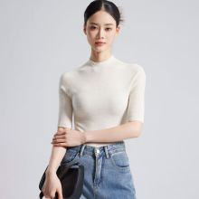 秋季桑蚕丝羊毛T恤女士2025新款鱼骨纹半高领羊绒中袖针织衫上衣