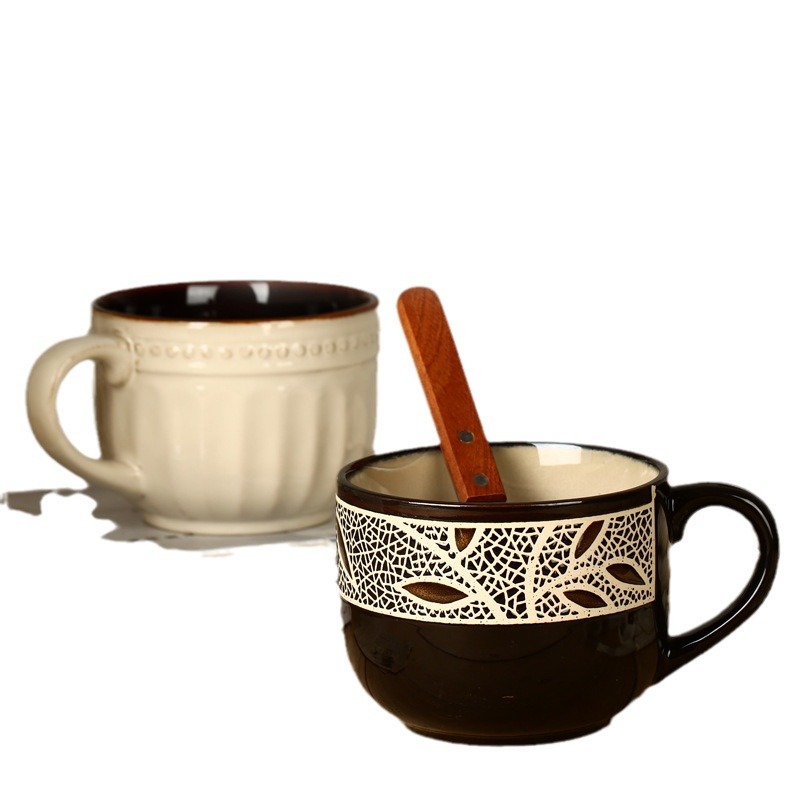 Taza de cerámica vintage de estilo europeo taza de café taza de desayuno taza de avena creativa pintada a mano taza de hoja