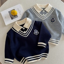 儿童A类polo领毛衣2025秋冬慵懒风时尚毛衣宝宝刺绣假两件毛衣潮