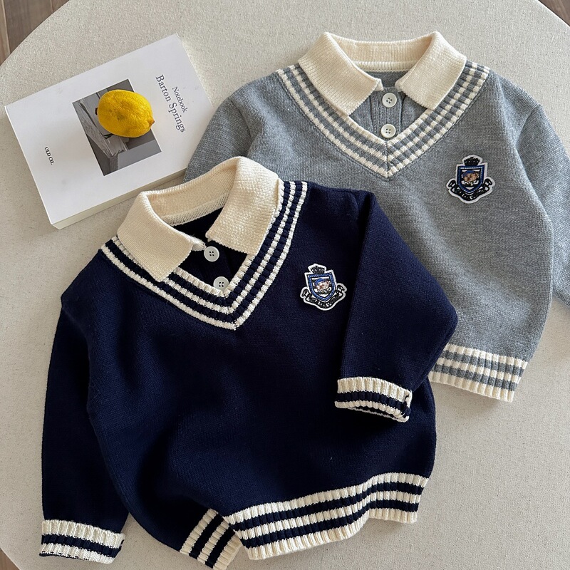 Cross-Border Children's Polo Collar Sweater 2025 Spring and Autumn Lazy Style Fashion Embroidered Fake Two-Piece Trendy Boys' Sweater