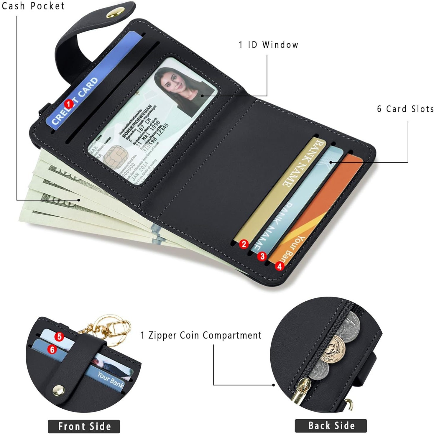 Cartera de mujer transfronteriza Suphiar, bolso de mano plegable de color sólido corto, cerradura antirrobo, monedero con cremallera desmagnética