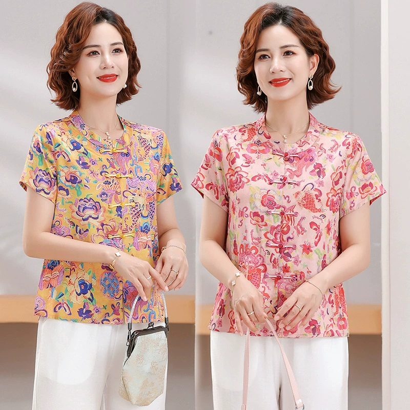 Улучшенный топ на пуговицах с воротником Cheongsam в китайском стиле, летний наряд для мам среднего возраста, женская летняя рубашка с короткими рукавами с принтом среднего возраста