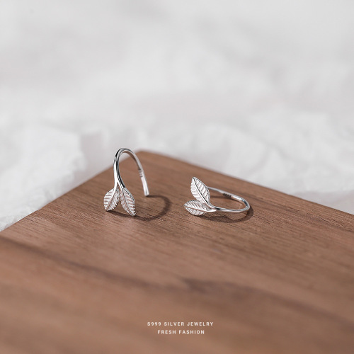 s999 foot silver forest leaf ear hooks sweet leaves versatile niche design Korean style INS style Mother's Day earrings