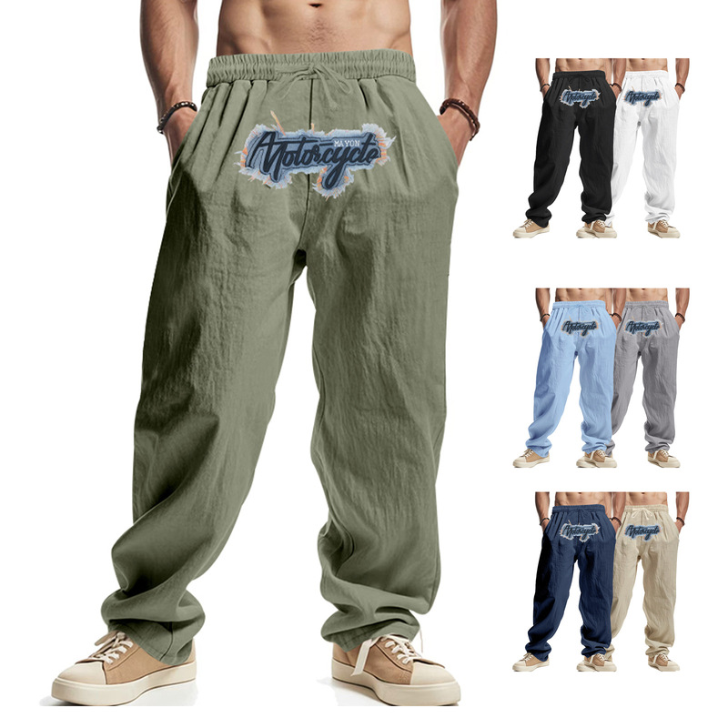American-Style Cross-Border Men's Loose Linen Wide-Leg Hip-Hop High Street Trendy Washed Embroidered Jogger Casual Sports Pants